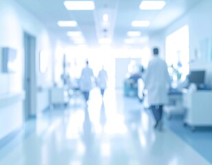 Blurred long hospital corridor with white walls, bright lighting, and figures in white coats walking away in the distance