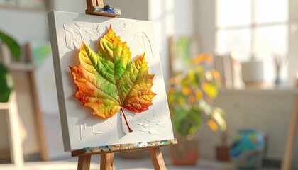 Vibrant autumnal leaf artwork displayed on a textured canvas easel in a bright .