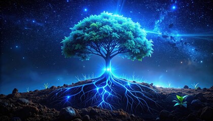 A luminous tree, its roots glowing with ethereal energy, stands tall against a night sky ablaze with stars.
