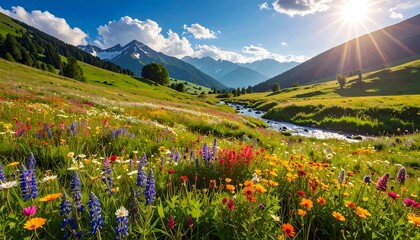 Vibrant meadow valley bathed in sunlight
