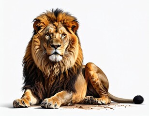 Obraz premium Majestic lion, sitting, facing forward, against white background