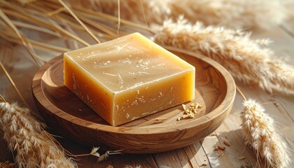 A square bar of natural soap, warm honey-beige in color, sits on a wooden dish, surrounded by dried wheat stalks, bathed in soft, natural light.