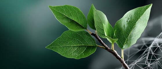 Vibrant green leaves on a brown stem against a blurred, dark background