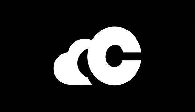 Minimalist design featuring a bold white "C" partially obscured by two cloud-like shapes, set against a stark black background