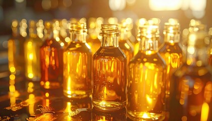 Golden liquid fills many small glass bottles, gleaming under warm light.