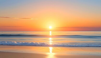 Obraz premium Golden Sunset Over the Calm Ocean with Reflected Sunlight on Sandy Beach and Soft Waves in a Warm Evening Atmosphere