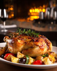 Fototapeta premium roasted chicken with vegetables, restaurant presentation, cozy lighting