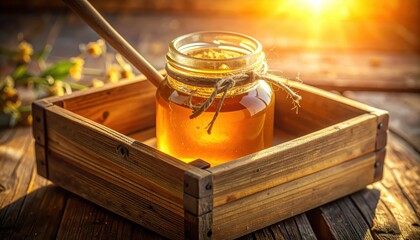 A honey-filled glass jar sits within a rustic wooden crate, bathed in warm sunlight.