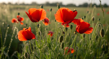 Obraz premium Vibrant red poppy field glows under the soft light of early morning creating a serene countryside