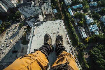Feet of a person in protective gear perched on a high-rise rooftop, overlooking a cityscape