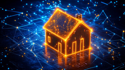 Digital representation of a house with glowing orange wireframe against a networked blue background