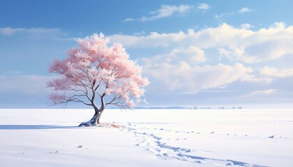A solitary, snow-dusted tree stands tall amidst a vast, pristine winter landscape, bathed in soft, pale light, evoking a peaceful and serene mood.