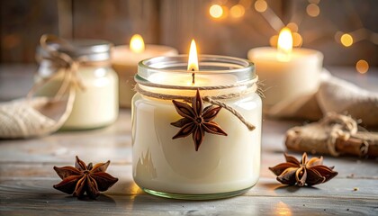 Warm, inviting candle jars with decorative star anise, creating a cozy, rustic ambiance.