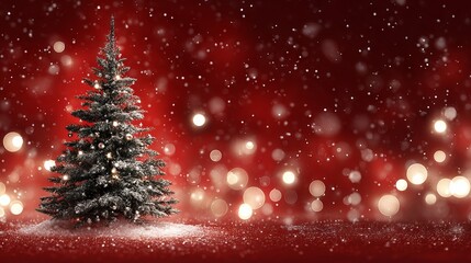 Obraz premium Red Christmas background with blurred bokeh lights and Christmas tree silhouette festive holiday backdrop for greeting card banner or web header copy space warm glowing orbs dreamy New Year ambiance