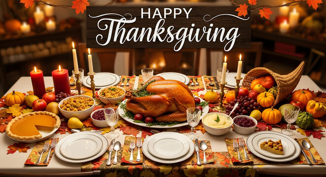 Lavish Thanksgiving Feast Display with Roasted Turkey and Festive Autumnal Decor