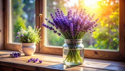 A bouquet of vibrant purple lavender blooms in a glass jar sits on a wooden windowsill, bathed in warm sunlight streaming through the window.