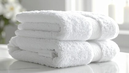 A stack of pristine white towels sits neatly on a smooth, light surface, highlighting the soft texture and clean aesthetic.