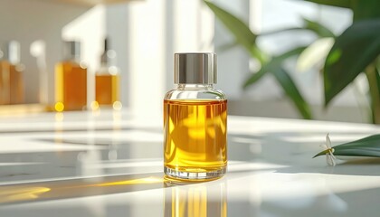 A clear glass bottle of golden liquid sits on a marble surface, accented by out-of-focus skincare products and greenery, creating a serene and natural aesthetic.