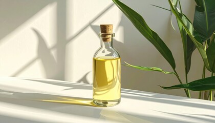 A clear glass bottle with a light golden liquid rests on a white surface, surrounded by lush green foliage, bathed in soft sunlight.