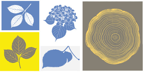 Decorative Leaf Silhouettes with Wood Block Printed Tree Rings in Fluorescent Yellow and Gray. Abstract Botanical Art for Contemporary Interior Wall or Digital Graphic Projects