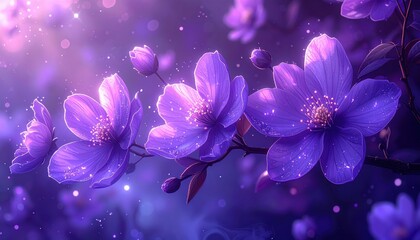Delicate, purple blossoms bloom in a mystical twilight setting, highlighted by ethereal light and glistening details.