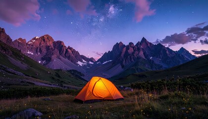 An orange tent glows warmly against a backdrop of majestic mountains under a starry night sky.