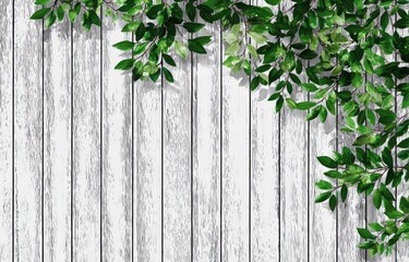 A bright white wooden fence with lush green foliage cascading over the top corner creating a natural frame and refreshing background