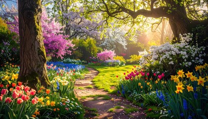 Vibrant spring garden path bathed in sunlight
