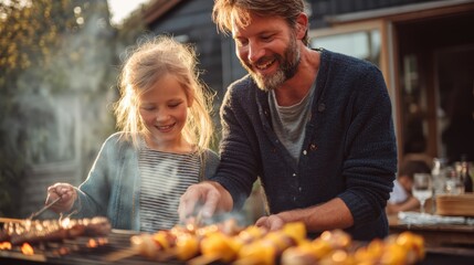 Man and a little girl are cooking food on a grill