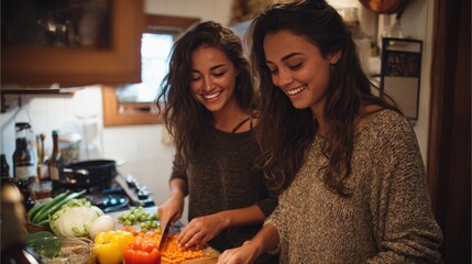 Two women are smiling and laughing while cutting vegetables in a kitchen