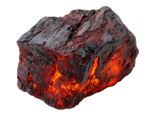 A piece of red charcoal with orange glow, white background