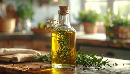 A glass bottle of golden olive oil, infused with fresh rosemary sprigs, sits on a rustic wooden surface, bathed in natural light.