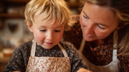 Mother and her son are in the kitchen