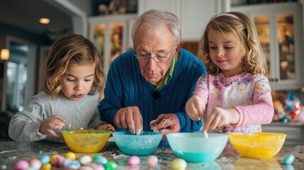 Man and two children are making Easter eggs