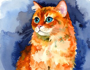 Watercolor portrait of a ginger cat