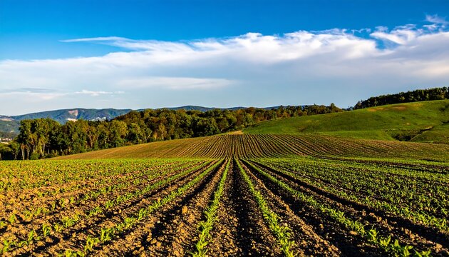 Rolling hills and farmland with newly planted rows of crops under a partly cloudy sky
