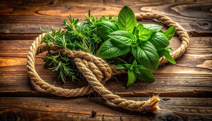 Fresh herbs tied with rustic rope on a dark wooden surface.