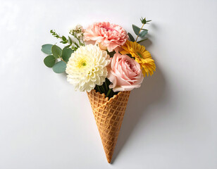 Flowers arranged in waffle cone on white background with soft lighting