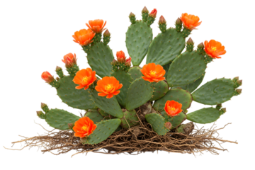 Prickly pear cactus with vibrant orange flowers isolated on transparent background