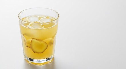 爽やか生姜ドリンク 氷浮かぶ黄金色 清涼感溢れる夏向け写真. AI Generated