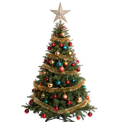 Decorated Christmas tree with star on top isolated on white background  
