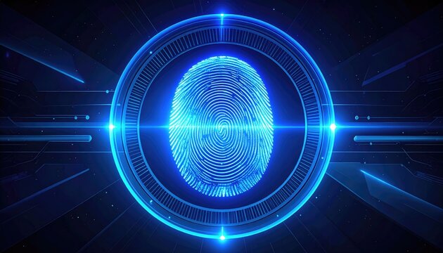 Abstract Biometric Fingerprint Scan in Glowing Blue Light on Dark Background - Powered by Adobe