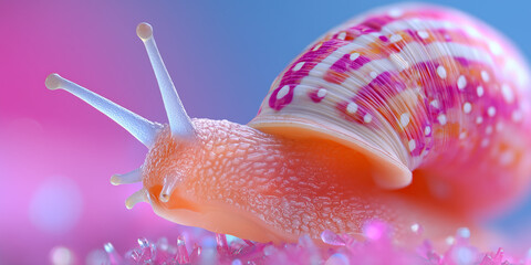 Surreal macro profile of a colorful Snail slowly crawling with a pink, white striped shell and dotted texture expressing fantasy, whimsy, and slow motion