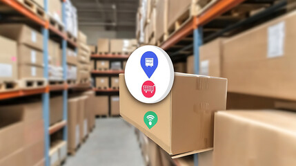 Warehouse interior with cardboard boxes on shelves and digital icons overlaying a box, indicating inventory tracking and e-commerce integration.