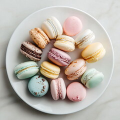 Fototapeta premium flat lay of assorted macarons on white plate, pastel colors