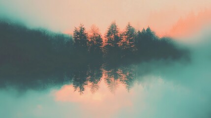 Fototapeta premium Misty lake sunrise, trees mirrored in tranquil water