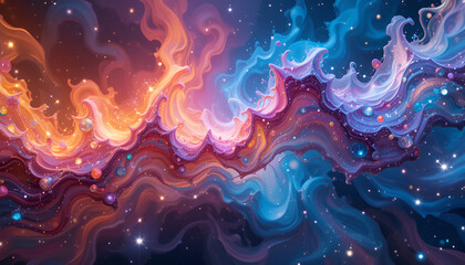 Vibrant cosmic nebula with swirling clouds of orange, pink, and blue, illuminated by countless sparkling stars, creating a breathtaking and ethereal celestial landscape