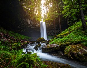 Waterfall cascading down mossy rocks in a lush forest