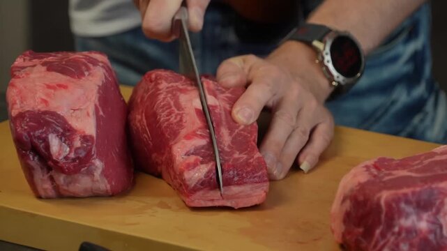 Cutting thick chunks of raw beef on a board