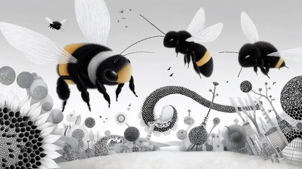 Whimsical black and white illustration of bees flying over abstract garden